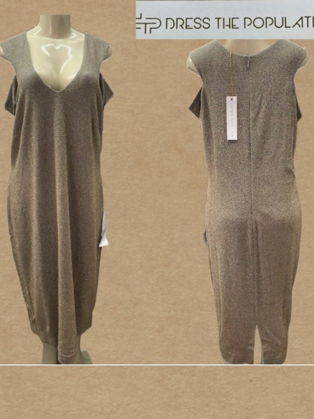 Dress the Population +3X Golden Metallic Lined Cold Shoulder V-Neck Midi Dress